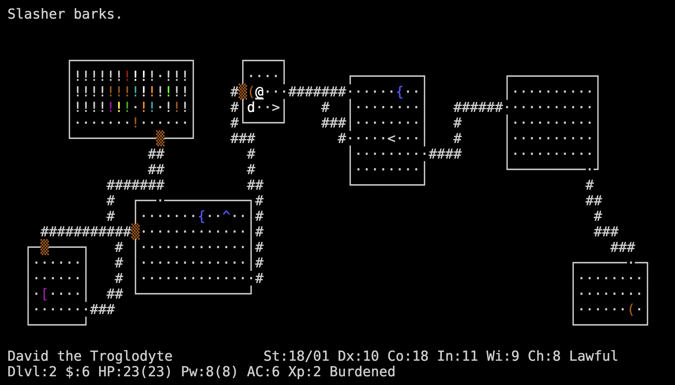A NetHack 5.0 game in progress: dungeon level with the @ hero, monsters, and a corridor